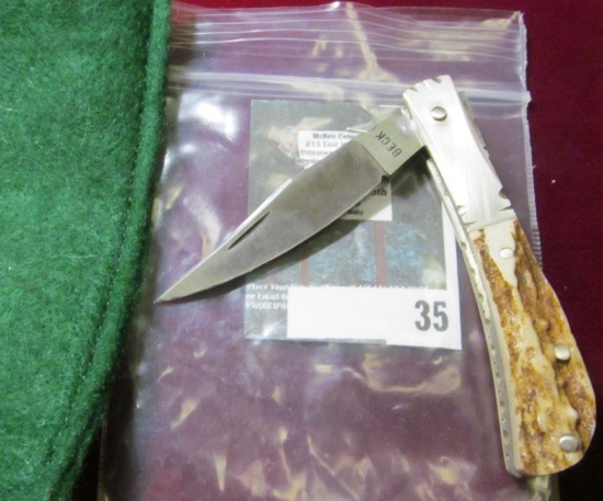Folding stag handled hand made custom pocket knife made by Wayne Beck of North Carolina, blade is si