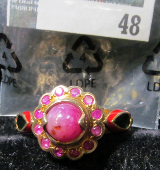 Large gold plated sterling ring with pink stones and red & green enamel, marked 925, has and Indian