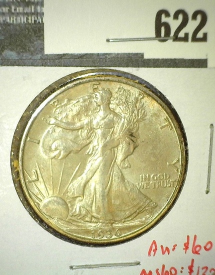 1936-S Walking Liberty Half Dollar, AU/BU, AU S60 value $130, quite a jump to an uncirculated value!