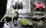 5 miniature animals - jade turtle, hematite rhinoceros, pink agate Akita, pewter Akita, pewter Engli