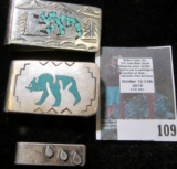3 sterling silver native American money clips, 2 with inlaid turquoise bears, 48 grams total weight