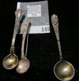 Set of 3 antique miniature/salt spoons made into pins or brooches, 1 Gorham, 1 S Kirk & Son and 1 St