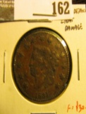 1831 Large Cent, F details, light damage, F value $30