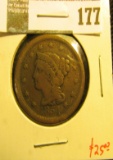 1854 Large Cent, VG, value $25