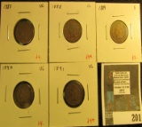 5 Indian Head Cents - 1887 VG, 1888 VG, 1889 G, 1890 VG, 1891 VG, value for group $19