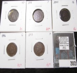 5 Indian Head Cents - 1892 VG+, 1893 F, 1894 VG, 1896 G, 1897 F, value for group $23