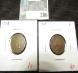 Pair of Indian Head Cents - 1908 & 1909, both grade F, value for pair $22