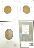 3 Lincoln Cents, 1910 F+, 1911 VG, 1911-D VG, value for group $8+