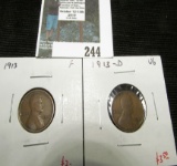 2 Lincoln Cents, 1913 F & 1913-D VG, value for pair $5+