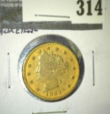 1883 No Cents V Nickel, VG, gold plated 