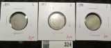 3 V Nickels, 1895, 1897, 1898, all G, group value $14
