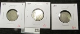 3 V Nickels, 1899 G, 1900 VG, 1901 G, group value $7