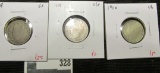 3 V Nickels, 1908 G+, 1909 VG+, 1910 VG, group value $8