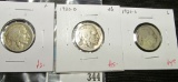 3 Buffalo Nickels, 1920 F, 1920-D VG, 1920-S G, group value $22+