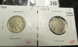 2 Buffalo Nickels, 1924 F & 1924-D G rotated reverse, value for pair $13+