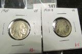 2 Buffalo Nickels, 1925 VF & 1925-D VG, value for pair $23