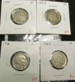 4 Buffalo Nickels, 1935 VF, 1935-D F+, 1936 VF35, 1936-S VF, group value $9