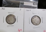2 Barber Dimes, 1910F & 1910-D VG10, value for pair $11