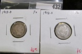 2 Barber Dimes, 1912-D F+ & 1912-S VG, value for pair $11