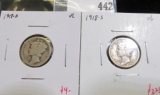 2 Mercury Dimes, 1918-D & 1918-S, both VG, value for pair $7+