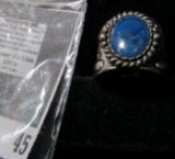 Sterling and lapis lazuli ring, wide, size 8 1/2, marked 925, 12 grams