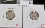2 Mercury Dimes, 1930 XF & 1930-S F, value for pair $13