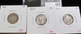 3 Mercury Dimes, 1931, 1931-D & 1931-S, all grade VG, group value $17