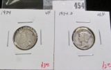 2 Mercury Dimes, 1934 VF & 1934-D Vg/F, value for pair $5+