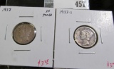 2 Mercury Dimes, 1937 XF toned & 1937-S VF, value for pair $6+