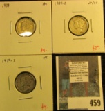 3 Mercury Dimes, 1939 AU, 1939-D VF/XF & 1939-S XF, group value $11