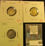 3 Mercury Dimes, 1940, 1940-D & 1940-S, all grade XF, group value $9+