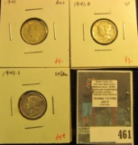 3 Mercury Dimes, 1941 AU+, 1941-D VF & 1941-S XF/AU, group value $11