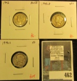 3 Mercury Dimes, 1942 AU58, 1942-D VF+ & 1942-S XF, group value $12+