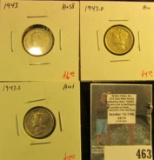 3 Mercury Dimes, 1943 AU58, 1943-D AU & 1943-S AU+, group value $15+