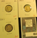 3 Mercury Dimes, 1944 AU, 1944-D VF & 1944-S XF, group value $11+
