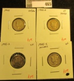 4 Mercury Dimes, 1945 XF/AU, 1945-D XF toned, 1945-S XF & 1945-S micro-S VF, group value $13+