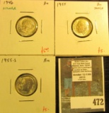 3 Roosevelt Dimes, 1946, 1955 toned & 1955-S, all BU, group value $15