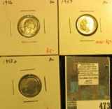3 Roosevelt Dimes, 1956, 1957 & 1957-D, all BU, group value $16