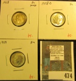 3 Roosevelt Dimes, 1958 toned, 1958-D & 1959, all BU, group value $13