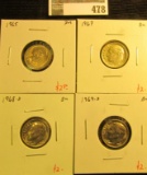 4 BU Roosevelt Dimes, 1965, 1967, 1968-D & 1969-D, all from Mint Sets, group value $8+