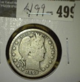 1898 Barber Quarter, G+ full rims, value $9