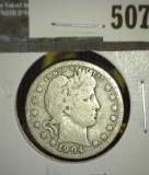 1904 Barber Quarter, VG, value $10