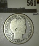 1899 Barber Half Dollar, G+ full rims, value $18