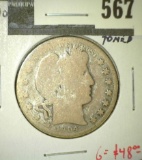 1904-S Barber Half Dollar, G obverse, AG reverse, toned, TOUGHER DATE, G value $48