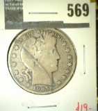 1905-S Barber Half Dollar, VG, value $19