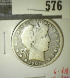 1907-S Barber Half Dollar, G+, G value $18, VG value $30