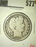 1908 Barber Half Dollar, G, value $16