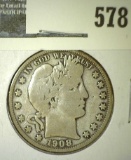 1908-D Barber Half Dollar, VG, value $17