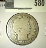 1908-S Barber Half Dollar, G, value $16