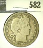 1909-S Barber Half Dollar, VG, value $17